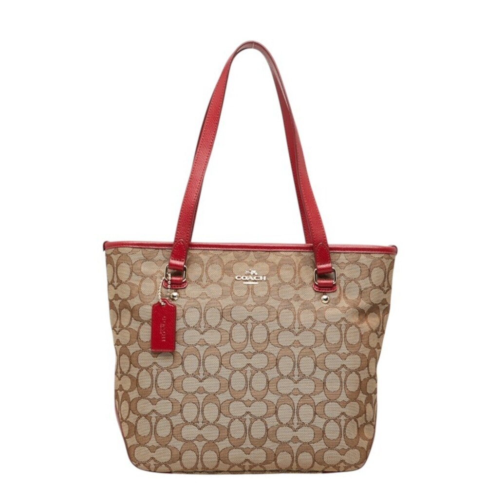 Coach Signature Tote Bag Handbag F55364 Beige Red Canvas Leather Women's COACH